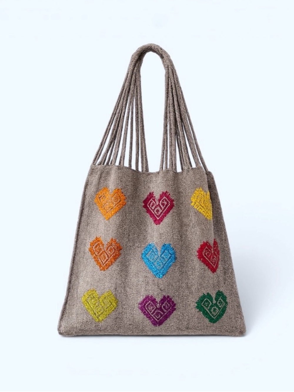 Mexican Handcrafted Grey Wool Knit Shoulder Tote, Woven Hearts Market Bag - Picture 4 of 17